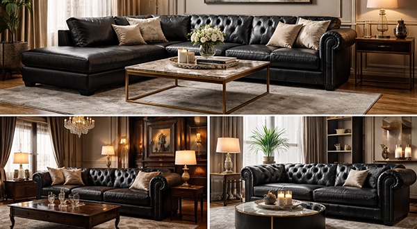 黒いソファのリビングコーディネート(レザーソファ・チェスターフィールド・高級感インテリア)
