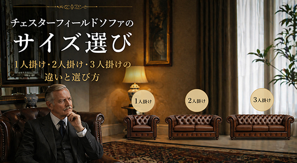 チェスターフィールドソファのサイズ選びをイメージしたアイキャッチ画像