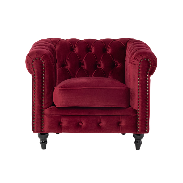 レッドファブリックコンパクトチェスターフィールドシングルソファ　VINCENT