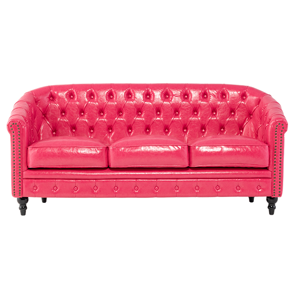 ピンクPUレザーコンパクトチェスターフィールドラウンジ3シーターソファ　VINCENT