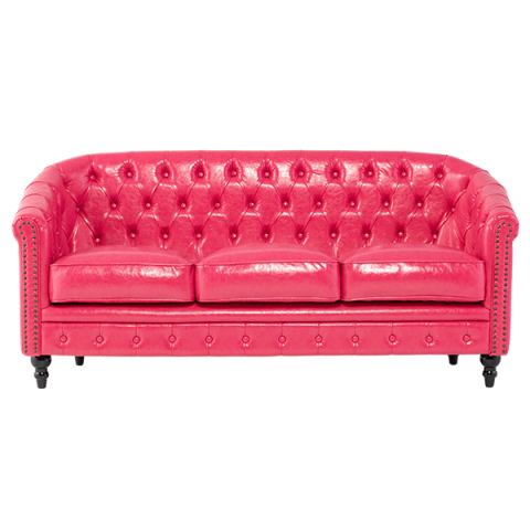 ピンクPUレザーコンパクトチェスターフィールドラウンジ3シーターソファ　VINCENT