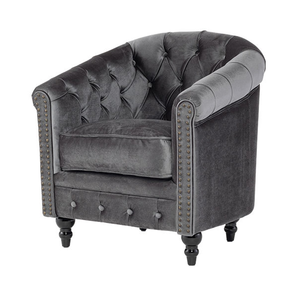 グレーベルベットコンパクトチェスターフィールドラウンジシングルソファ　VINCENT