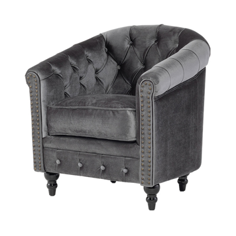 グレーベルベットコンパクトチェスターフィールドラウンジシングルソファ　VINCENT