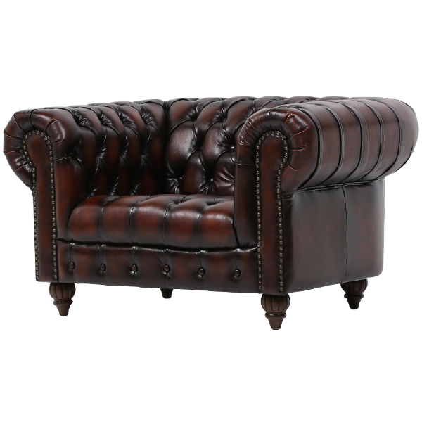 チェスターフィールド　お引取りも可 ウォッシュオフブラウンレザーチェスターフィールド1.5シーターソファ