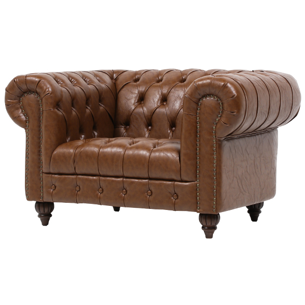 ブラウンPUレザーチェスターフィールド1.5シーターソファ CLUBMAN