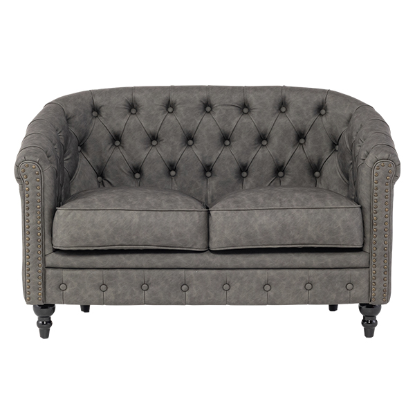 グレーPUレザーコンパクトチェスターフィールドラウンジ2シーターソファ　VINCENT