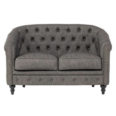 グレーPUレザーコンパクトチェスターフィールドラウンジ2シーターソファ　VINCENT