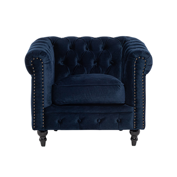 ネイビーブルーベルベットコンパクトチェスターフィールドシングルソファ　VINCENT