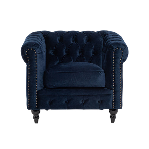 ネイビーブルーベルベットコンパクトチェスターフィールドシングルソファ　VINCENT