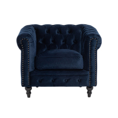 ネイビーブルーベルベットコンパクトチェスターフィールドシングルソファ　VINCENT