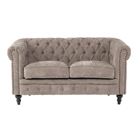 ライトグレーファブリックコンパクトチェスターフィールド2シーターソファ　VINCENT