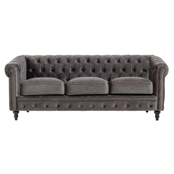 グレーベルベットコンパクトチェスターフィールド3シーターソファ　VINCENT