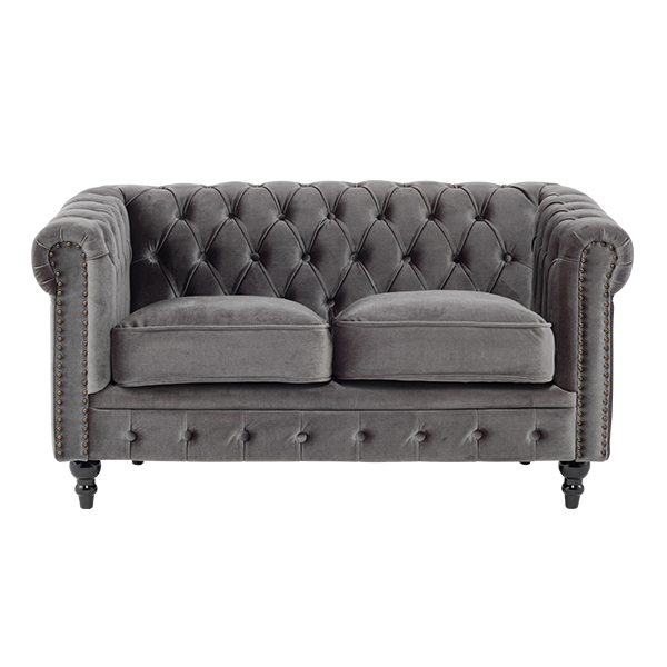 グレーベルベットコンパクトチェスターフィールド2シーターソファ　VINCENT