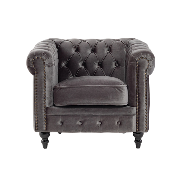 グレーベルベットコンパクトチェスターフィールドシングルソファ　VINCENT