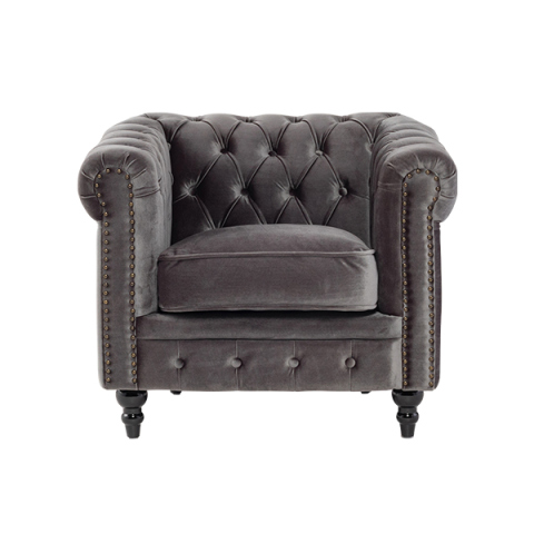 グレーベルベットコンパクトチェスターフィールドシングルソファ　VINCENT