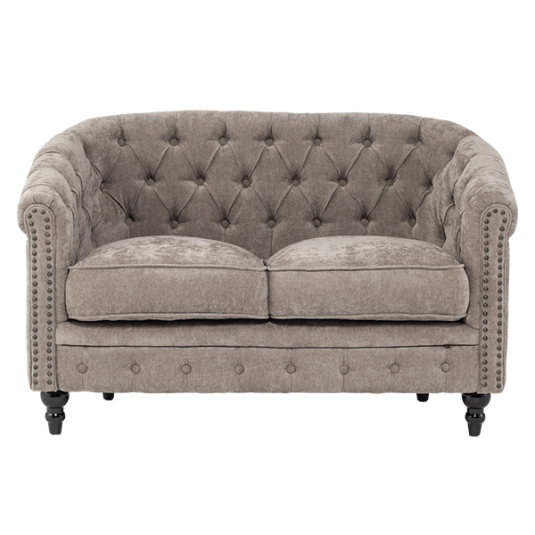 ライトグレーファブリックコンパクトチェスターフィールドラウンジ2シーターソファ　VINCENT