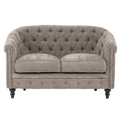 ライトグレーファブリックコンパクトチェスターフィールドラウンジ2シーターソファ　VINCENT