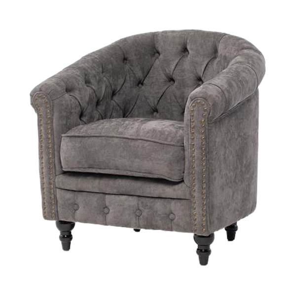 グレーファブリックコンパクトチェスターフィールドラウンジシングルソファ　VINCENT