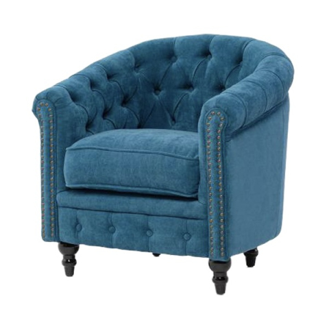 ブルーファブリックコンパクトチェスターフィールドラウンジシングルソファ　VINCENT