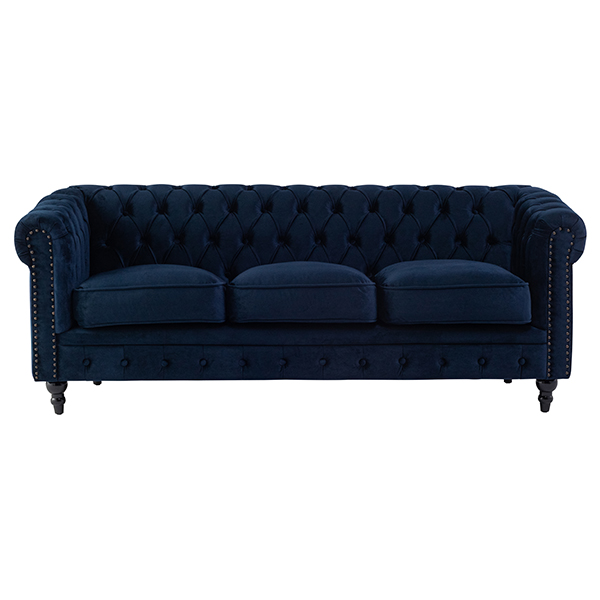ネイビーブルーファブリックコンパクトチェスターフィールド3シーターソファ　VINCENT