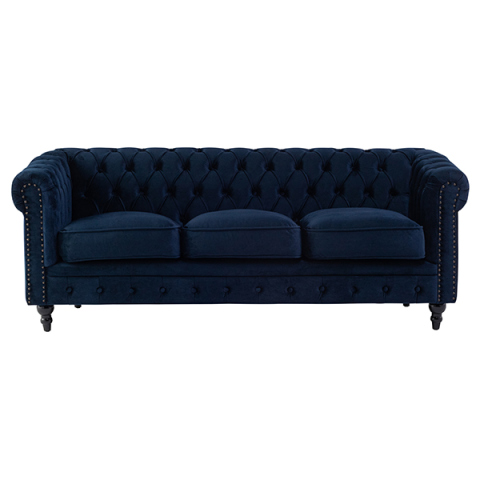 ネイビーブルーファブリックコンパクトチェスターフィールド3シーターソファ　VINCENT