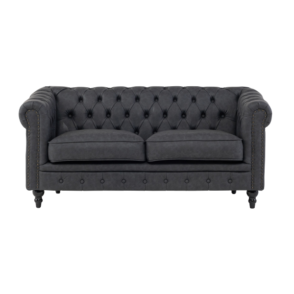 チャコールグレーPUレザーコンパクトチェスターフィールド2.5シーターソファ　VINCENT