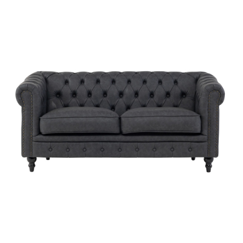 チャコールグレーPUレザーコンパクトチェスターフィールド2.5シーターソファ　VINCENT