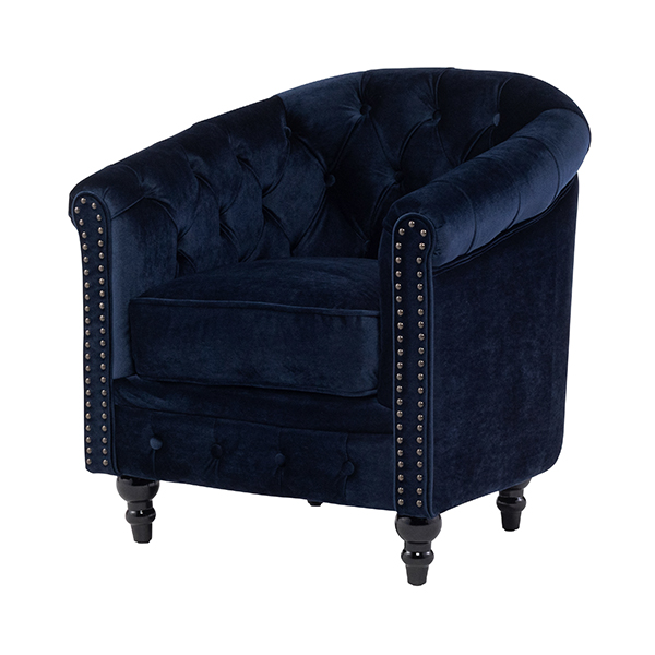 ネイビーブルーベルベットコンパクトチェスターフィールドラウンジシングルソファ　VINCENT