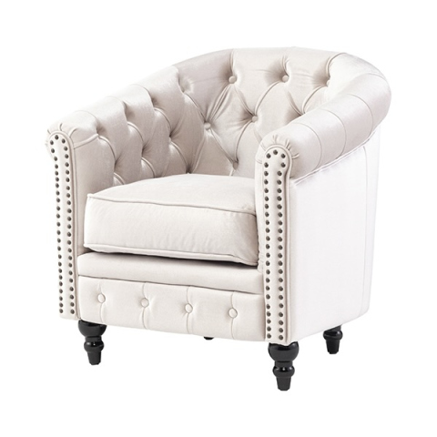 パールホワイトベルベットコンパクトチェスターフィールドラウンジシングルソファ　VINCENT