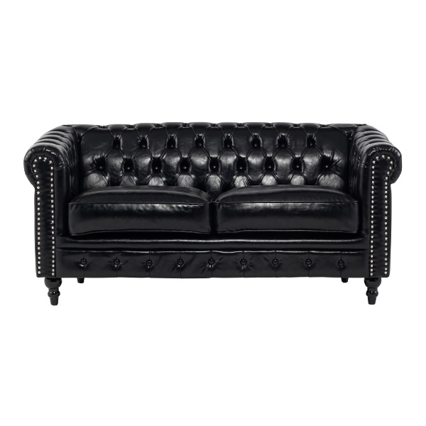 ブラックPUレザー&シルバーカラースタッズコンパクトチェスターフィールド2.5シーターソファ