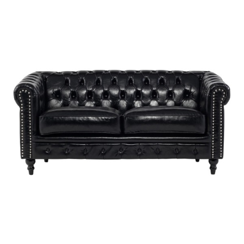 ブラックPUレザー&シルバーカラースタッズコンパクトチェスターフィールド2.5シーターソファ
