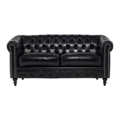 ブラックPUレザー&シルバーカラースタッズコンパクトチェスターフィールド2.5シーターソファ