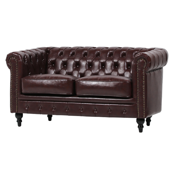 ダークブラウンPUレザーコンパクトチェスターフィールド2シーター