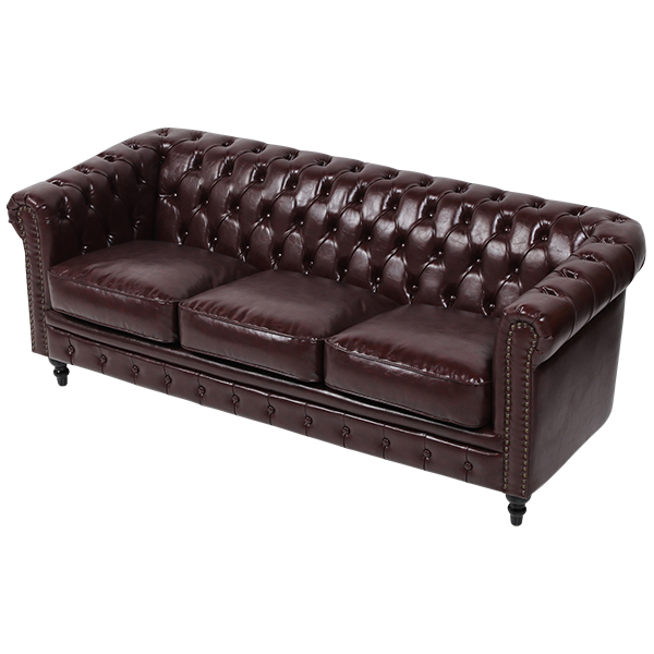 ダークブラウンPUレザーコンパクトチェスターフィールド3シーター