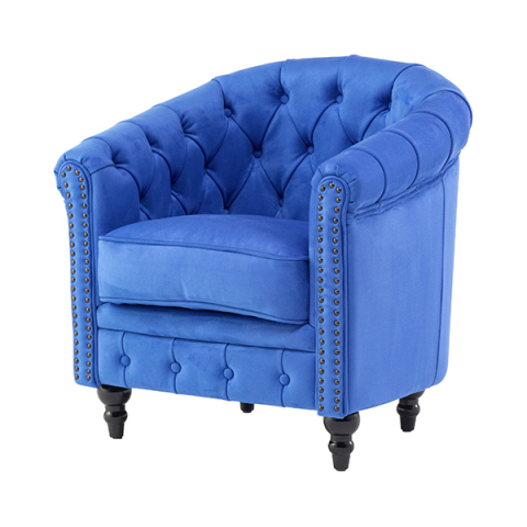 ロイヤルブルーベルベットコンパクトチェスターフィールドラウンジシングルソファ　VINCENT
