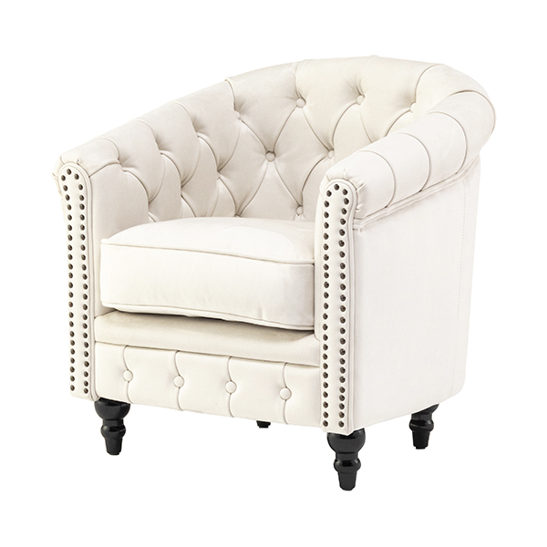 オフホワイトベルベットコンパクトチェスターフィールドラウンジシングルソファ　VINCENT