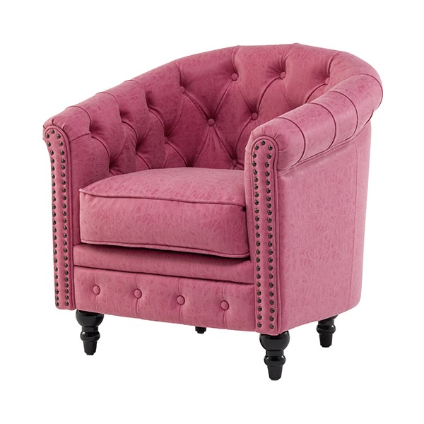 ローズピンクヴィンテージレザー調コンパクトチェスターフィールドラウンジシングルソファ　VINCENT