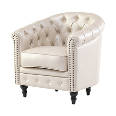 パールアイボリーPUレザーコンパクトチェスターフィールドラウンジシングルソファ　VINCENT