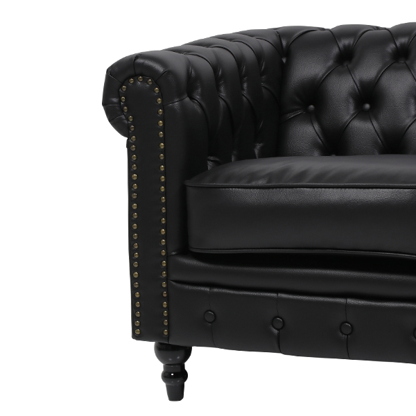 ブラックPUレザーコンパクトチェスターフィールド3シーターソファ