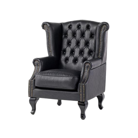 オールドブラックPUレザーチェスターフィールドウイングバックシングルソファ(アームチェア)