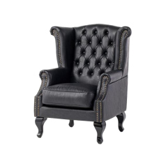 オールドブラックPUレザーチェスターフィールドウイングバックシングルソファ(アームチェア)