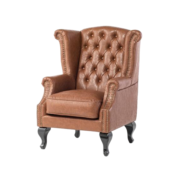 ブラウンPUレザーチェスターフィールドウイングバックシングルソファ(アームチェア)