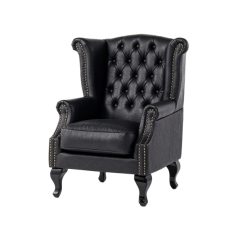 オールドブラックPUレザーチェスターフィールドウイングバックシングルソファ(アームチェア)
