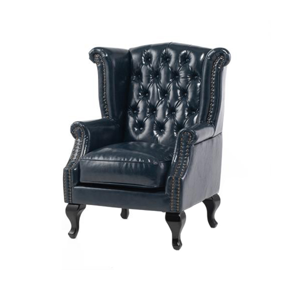 ネイビーブルーPUレザーチェスターフィールドウイングバックシングルソファ(アームチェア)