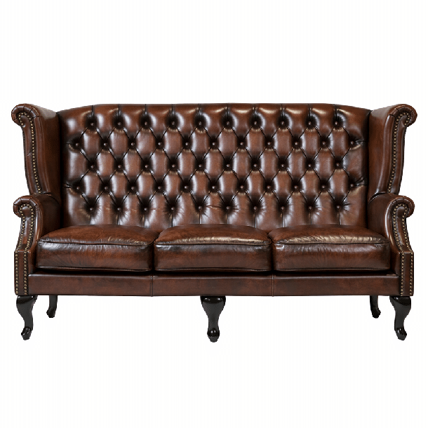 ウォッシュオフブラウンレザーチェスターフィールド3シーターウイングバックソファ