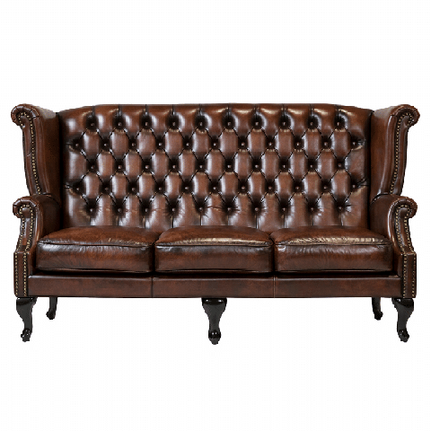 ウォッシュオフブラウンレザーチェスターフィールド3シーターウイングバックソファ