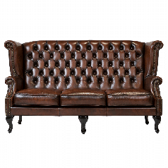 ウォッシュオフブラウンレザーチェスターフィールド3シーターウイングバックソファ