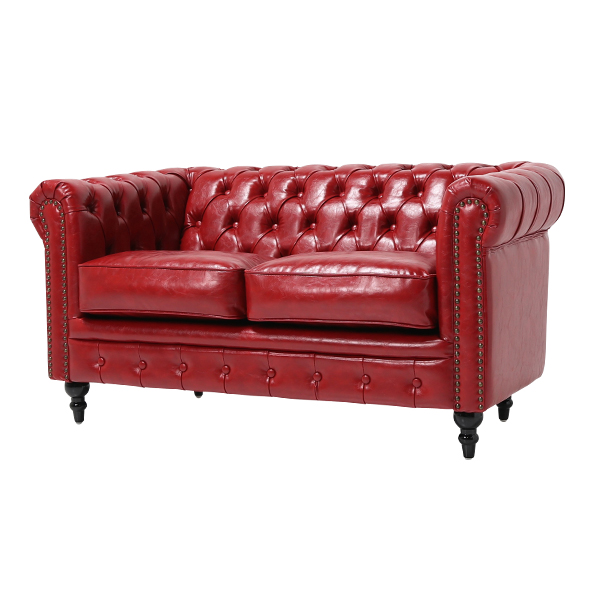 レッドPUレザーコンパクトチェスターフィールド2シーターソファ