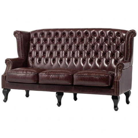 ダークブラウンPUレザーチェスターフィールド3シーターウイングバックソファ