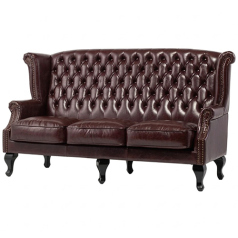 ダークブラウンPUレザーチェスターフィールド3シーターウイングバックソファ